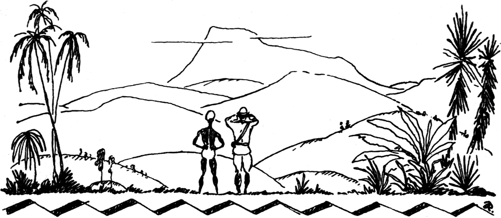 Ein Einheimischer und ein Europäer sehen in Richtung Gebirge. Der Europäer benutzt dazu sein Fernglas.