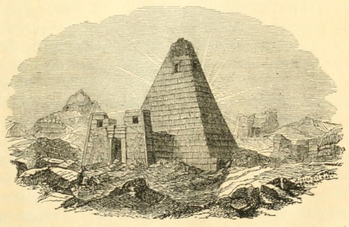 Line drawing of a   pyramid and other ruins