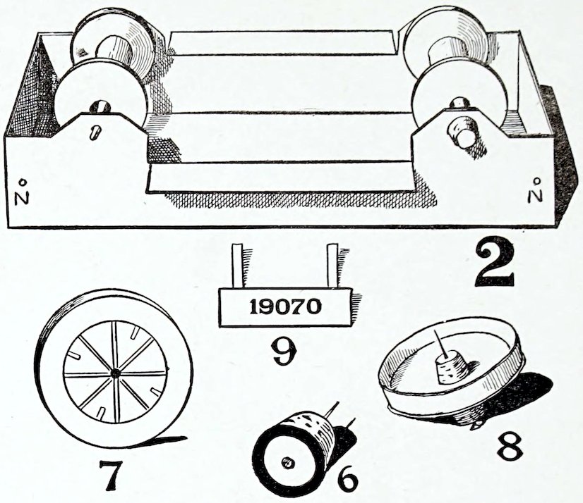 A vintage black-and-white line illustration displaying assembled parts and components for a toy vehicle, each labeled with a bold number. At the top, a rectangular box-like chassis labeled 2 is shown assembled with two axles and four simple spool wheels resting in its pointed axle guards. Below it are isolated components: a spoked wheel labeled 7, a small cylinder labeled 6, a shallow circular cap with a central pin labeled 8, and a small rectangular license plate labeled 9 bearing the number 19070.