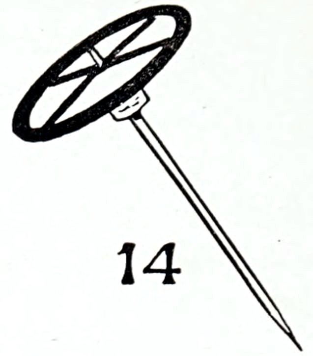 A vintage black-and-white line illustration of a toy steering wheel assembly, labeled below with a bold number 14. The drawing shows a simple four-spoke steering wheel attached to a long, slender steering column or rod that tapers to a point at the bottom.