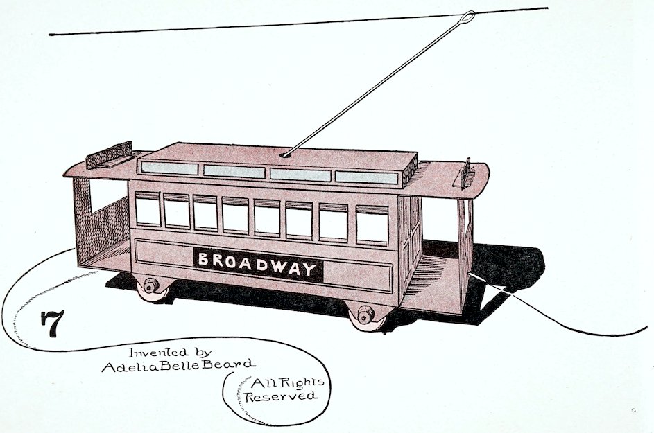 A vintage stylized line illustration of a toy electric trolley car or streetcar, labeled with a large number 7. The muted pink body of the trolley has small wheels, a row of windows, and a black side banner reading 'BROADWAY' in white text. A long pole extends from the roof to meet an overhead wire. At the bottom, text inside a curved line reads 'Invented by Adelia Belle Beard' and 'All Rights Reserved'.
