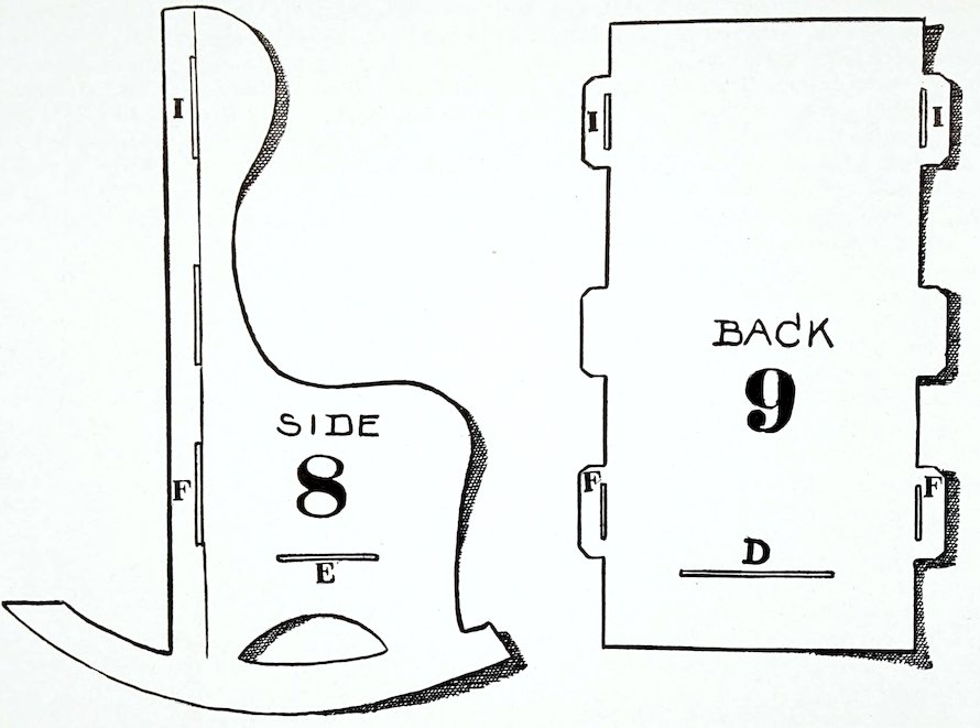 A mechanical craft template diagram for cutting out toy furniture components, featuring two distinct flat patterns. On the left is a profiled piece labeled 'SIDE' and indexed with a large number 8, shaped like the side panel of a rocking chair with a curved rocker blade at the bottom, a cut-out handle arch, and slot markings labeled F, I, and E. On the right is a tall rectangular piece labeled 'BACK' and indexed with a large number 9, featuring side tabs with slots labeled I and F, and a horizontal bottom slot labeled D.
