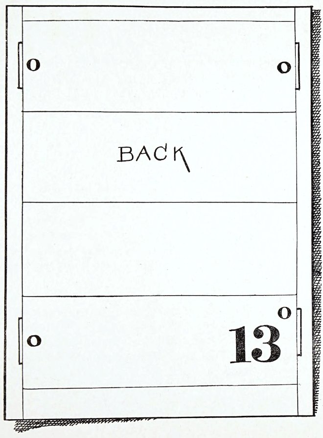 A mechanical craft template diagram for cutting out a toy furniture component. The flat pattern features a large rectangle divided horizontally into four equal panels. The word 'BACK' is written in stylized capital letters across the center of the second panel from the top. Small vertical slots or holes labeled with the letter O are placed near the left and right outer borders of the top and bottom panels. A large, bold index number 13 accompanied by a small letter O is positioned in the lower-right corner.