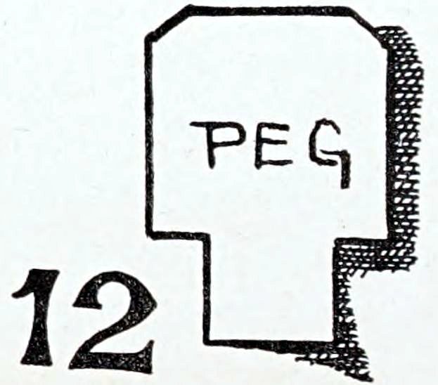A mechanical craft template diagram for cutting out a small toy connector component, labeled with a large number 12. The flat pattern outlines a small, stepped shape with a wide, chamfered upper section and a narrower rectangular bottom section. The word 'PEG' is handwritten in uppercase letters across the center of the shape, which features a cross-hatched drop shadow on its right side.