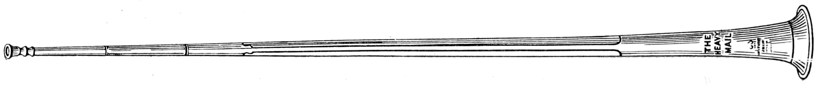 A vintage line drawing of a long, straight coach horn labeled 'The Heavy Mail', featuring a slender, segmented body that flares out slightly at the bell.
