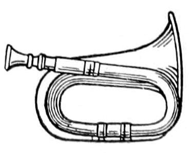 A vintage illustration of a compact, looped brass bugle horn with a coiled tube and a flared bell.