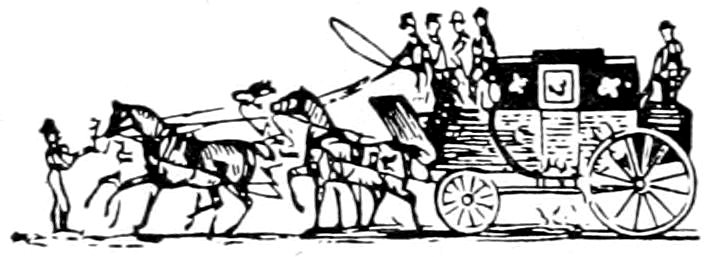 A vintage, stylized silhouette illustration of a four-horse mail coach. Several passengers sit atop the roof while a driver holds a long whip, a guard sits at the rear, and an ostler or stableman stands at the front holding the leading horses.