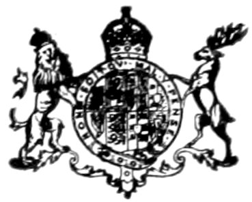 A vintage heraldic emblem showing a central circular shield topped by a crown and wrapped in a garter banner reading 'HONI SOIT QUI MAL Y PENSE'. A crowned lion stands as the left supporter, while a stag or male deer with large antlers serves as the right supporter.
