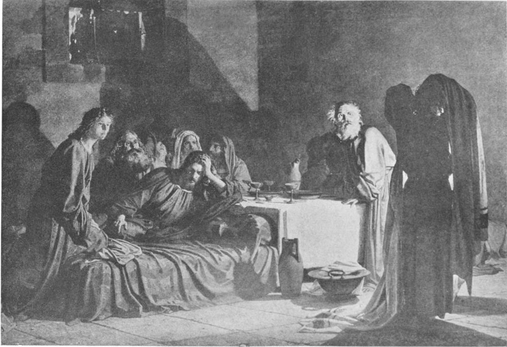 One figure is lying on a daybed with his hand holding his head up. Four or five others look at a standing figure in the shadows.
