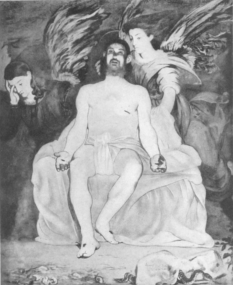 Christ is seated on a draped chair, his punctured hands open. Two angels are behind him; one supports his head with her hand. The other looks mornfully to the side of the picture.