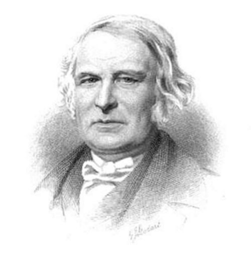 An engraved portrait of a balding, middle-aged or older man with wavy shoulder-length hair, depicted in formal attire with a high collar and large bow tie.
