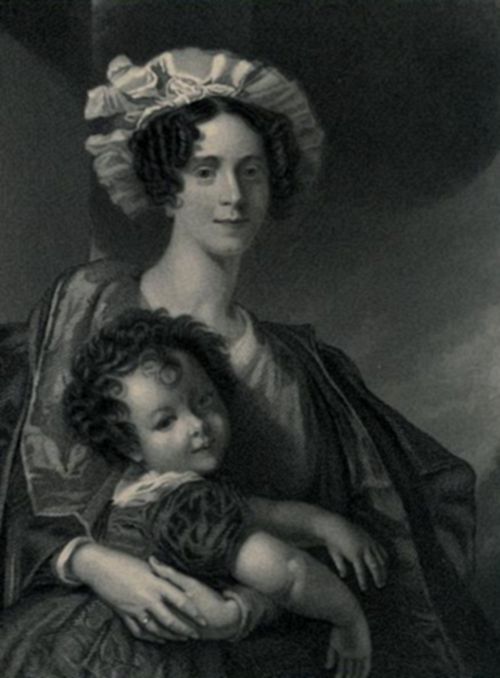 An engraved portrait of a woman in early 19th-century dress, wearing a ruffled bonnet, tenderly holding a curly-haired young child in her arms.