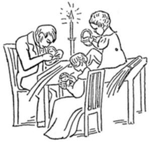 A line-drawing illustration of three seated figures gathered closely around a lit candle, each appearing to hold or examine something small in their hands.