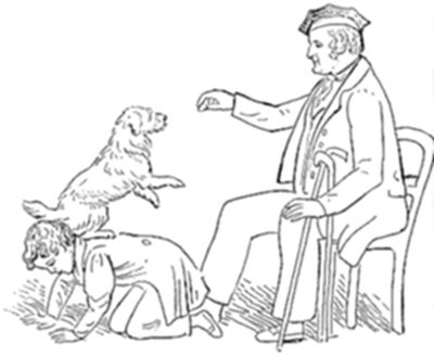 A line-drawing illustration of an older man seated in a chair with a cane, gesturing toward a dog that stands balanced on the back of a kneeling child below.