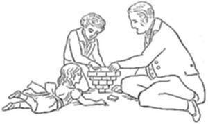 A line-drawing illustration of two adults and a child seated on the ground, working together to build a small structure out of blocks or bricks.