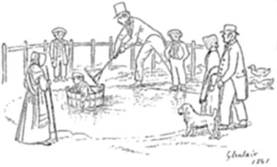 A line-drawing illustration of a group of people gathered around a child sitting in a wash-tub set on water, with a man in a top hat tending to the tub, a dog and ducks nearby, and figures in period dress watching from the sides.