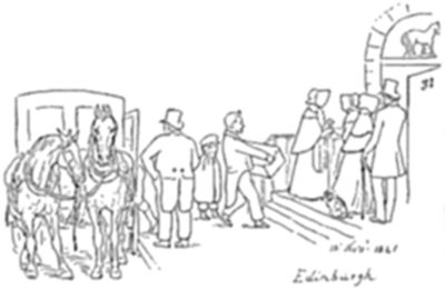 A line-drawing illustration of a horse-drawn carriage with figures in top hats and period dress gathered near a doorway marked 31, with a dog at the steps, labeled Edinburgh and dated 10th Nov. 1841.