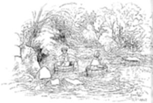 A pen-and-ink sketch of two children sitting in wash-tubs floating on a river, with overhanging trees and rocky banks framing the scene.