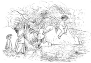 A pen-and-ink sketch of a group of figures gathered by a riverbank beneath overhanging branches, with one perched on a rock above the water and others wading or standing along the shore.