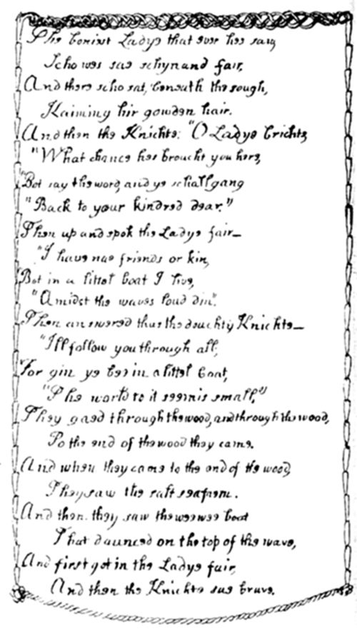 A handwritten page of archaic-style verse continuing The Vampyre poem, framed by a rope-and-leaf border, describing the comely lady combing her golden hair by the brook and the knight's vow to follow her wherever she goes.