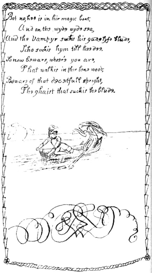 The final page of The Vampyre poem, framed by the rope-and-leaf border, concluding the tale as the vampire sucks the knight's blood until his death on the wide sea, with a closing warning to beware of that deceitful spright.
