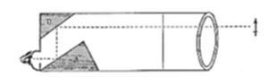 A simple geometric diagram showing a cylindrical tube with a triangular wedge shape and shaded triangular section at its left end, marked with a small square labeled D, and a vertical arrow indicating measurement at the right end.