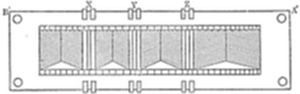 A simple rectangular diagram with hatched borders on all sides and four small tabs or fasteners along the top and bottom edges, containing a series of triangular or fan-shaped patterns within the enclosed area.