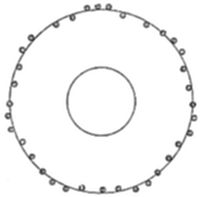 A simple geometric diagram showing two concentric circles, with the outer circle's perimeter lined with small evenly spaced peg-like marks or notches.