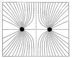A symmetrical diagram within a rectangular frame showing two dark central points, each surrounded by radiating curved lines fanning outward in a field-line pat…A symmetrical diagram within a rectangular frame showing two dark central points, each surrounded by radiating curved lines fanning outward in a field-line pattern, divided by dashed horizontal and vertical axes.