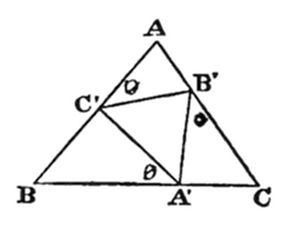 A geometric diagram of triangle ABC with interior points and a smaller inscribed triangle A'B'C' formed by connecting midpoints or cevians, with labeled intersection point O.