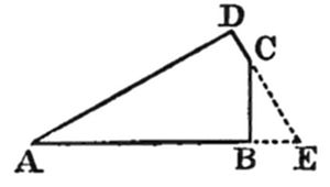 A geometric diagram of triangle ABD with extended points C and E, connected by dashed lines.