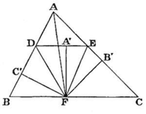 A geometric diagram of triangle ABC with multiple lines radiating from base point F to vertices and interior points A', B', C', D, E.