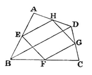 A geometric diagram of quadrilateral ABCD with interior points E, F, G, H forming an inscribed quadrilateral, connected by crossing diagonals.