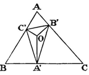 A geometric diagram of triangle ABC with an inscribed triangle A'B'C' and central point O, connected by multiple cevians.