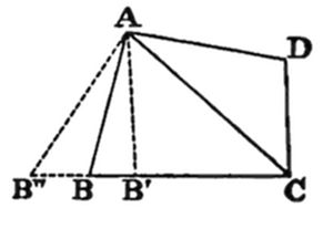 Rectangle ADCD with vertices A (top left), D (top right), C (bottom right), and B' (bottom, left of C). Point B lies on the base between B″ and B', with dashed lines from A to B″ (external left point) and solid cevians from A to B and B', forming overlapping triangles on a shared base.