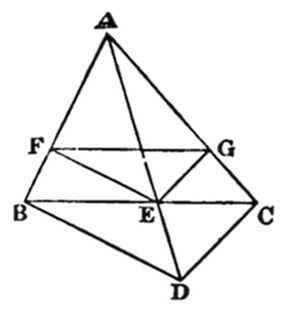 A geometric figure with apex A (top), base vertices B (left), C (right), D (bottom), and midpoints F (upper left), G (upper right), E (center). Multiple triangulating segments connect all vertices, forming a faceted diamond-like shape with a small triangle marked at apex A.