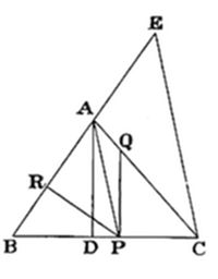 Triangle ABC (lower, vertices B bottom-left, C bottom-right, A upper-middle) overlaps with triangle BEC (larger, apex E upper-right). Interior points R (on AB), D, P (on BC), and Q (on AC/AE) mark cevian intersections, with multiple segments drawn through A creating a dense central crossing.
