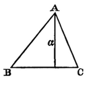 A triangle with vertices A (top), B (bottom left), and C (bottom right). A vertical altitude is drawn from apex A perpendicular to base BC, with the altitude labeled α, dividing the base into two segments.