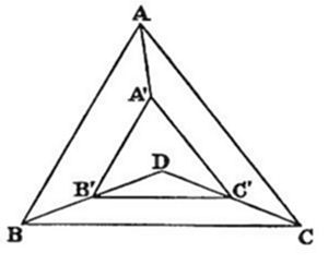 A triangle with vertices A (top), B (bottom left), C (bottom right). Interior triangle A'B'C' is inscribed with A' (upper middle), B' (lower left), C' (lower right). Point D lies at the center of A'B'C', with cevians from each outer vertex through the inner triangle converging near D.