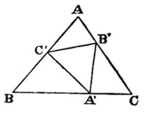 A triangle with vertices A (top), B (bottom left), C (bottom right). Midpoints A' (on BC), B' (on AC), and C' (on AB) form inscribed medial triangle A'B'C'.