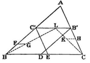 Large triangle with vertices A (top), B (bottom left), C (bottom right). Midpoints B' (upper right) and C' (upper left) with points D, E on BC. Interior points G, K, L, H, F, R mark cevian intersections, with solid and dashed segments forming a dense network of crossing lines and a central quadrilateral region.