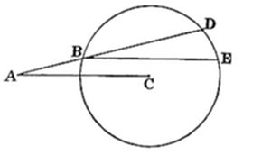 A circle with external point A to the left. Two secants are drawn from A: one passing through chord points B and E (lower), and another through B and D (upper), with C marked on the lower secant inside the circle.
