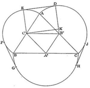 Three large circles mutually intersecting, forming a curved triangular outer boundary with points F, G (left), H, J (right), and D, E (top). Inner triangle B'C'A' is inscribed with numerous cevians and chords connecting A, B, C, D, E, K, creating a dense triangulated network at the center.