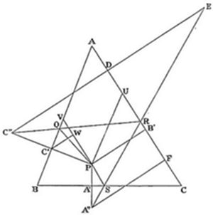 Three overlapping triangles sharing a central region, with outer vertices A (top), B (bottom left), C (bottom right), E (far upper right), C'' (far left), A'' (bottom center). Interior points D, U, V, Q, W, R, P, S, F, C', B', A' mark cevian and transversal intersections, forming a dense star-like projective configuration.
