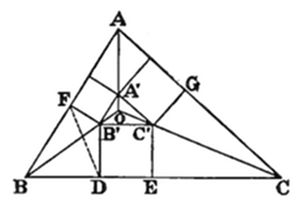 A triangle with vertices A (top), B (bottom left), C (bottom right). Medial triangle A'B'C' is inscribed with center point O inside. Points F (on AB), G (on AC), D and E (on BC) mark cevian feet. Multiple segments from vertices and medial points cross through O, forming a dense inner network of triangles and quadrilaterals.