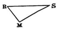A plain triangle with vertex R at the upper left, S at the upper right, and M at the bottom center. The triangle is scalene and undecorated, with bold labeled vertices and no interior markings.