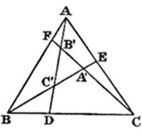 A triangle with vertices A (top), B (bottom left), C (bottom right). Medial triangle A'B'C' is inscribed with B' (upper center), C' (middle left), A' (lower center). Points F (on AB), D (on BC), and E (on AC) mark cevian feet, with multiple crossing segments connecting all labeled points, forming a dense inner network.