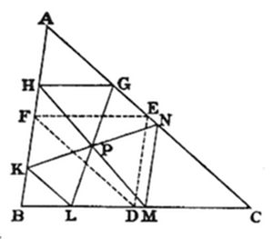 Large triangle with vertices A (top left), B (bottom left), C (bottom right). Two horizontal transversals cross the interior: upper one through H, G and lower through F, E, N. Interior point P marks central intersections, with base points K, L, D, M on BC.