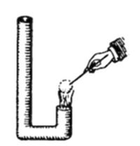 A simple line drawing showing a hand using a small wand to apply something at the bottom of a U-shaped tube, with one side taller than the other.