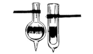 A diagram showing two glass vessels of different shapes — a round-bottomed flask and a straight test tube — each pierced through and suspended by a horizontal rod.